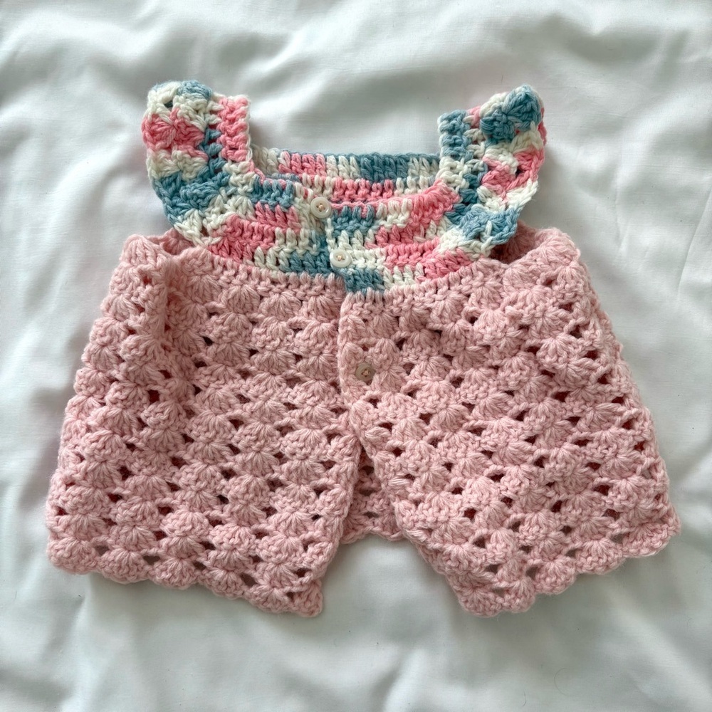 Vintage crochet cardigan sweater cape short sleeve pink girls toddler